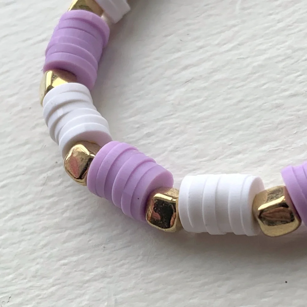 Handmade clay bead bracelet purple/white gold square bead’s stretchy - Picture 2 of 5